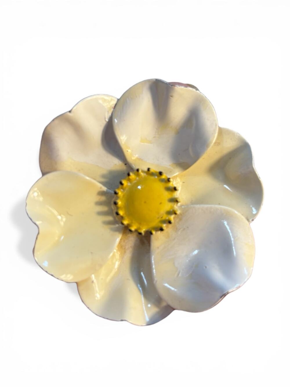 Vintage Enamel Flower Brooch Cream Yellow Daisy Pin Mid Century Retro Floral